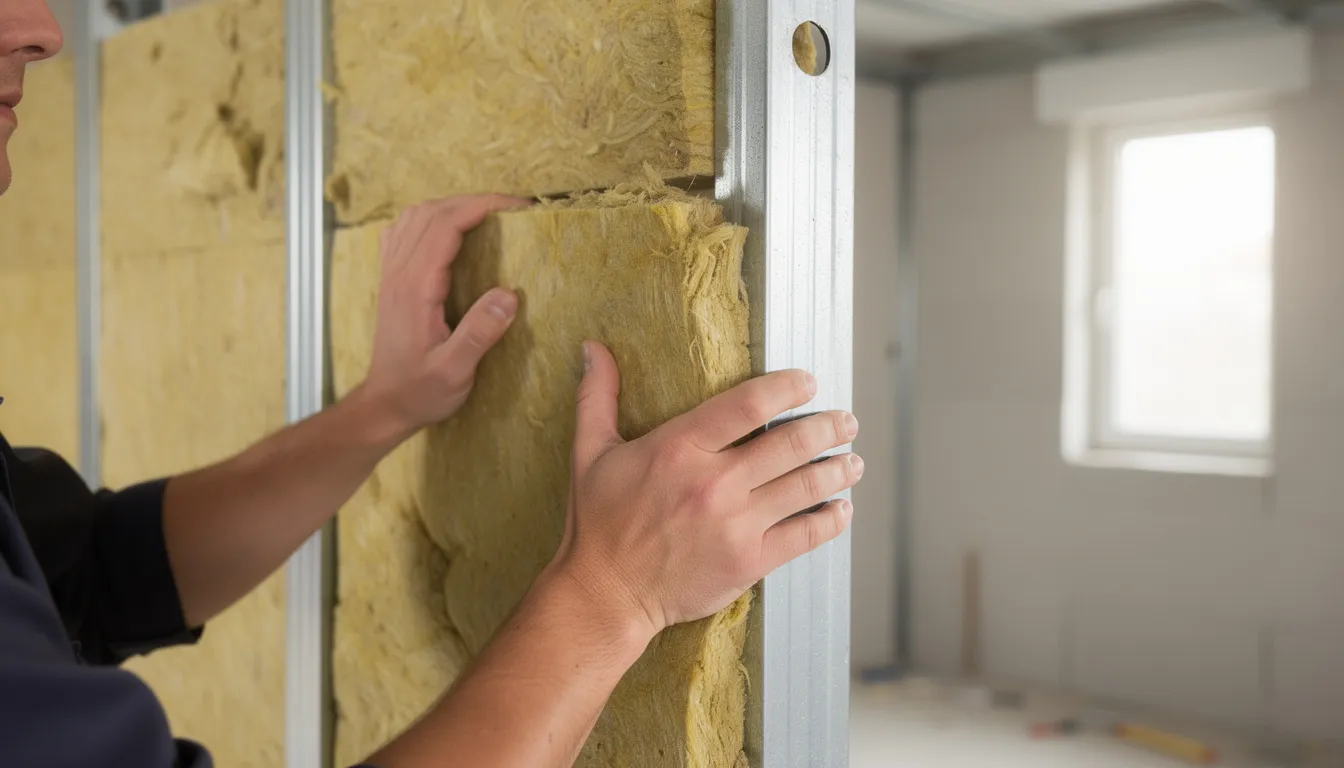 In de afbeelding wordt isolatiemateriaal, zoals minerale wol of PIR-platen, zorgvuldig geplaatst tussen metalen profielen in een wand, wat bijdraagt aan de thermische isolatie en geluidsisolatie van de binnenmuur. Dit proces helpt om warmteverlies te voorkomen en zorgt voor een goede aansluiting voor optimale wooncomfort.