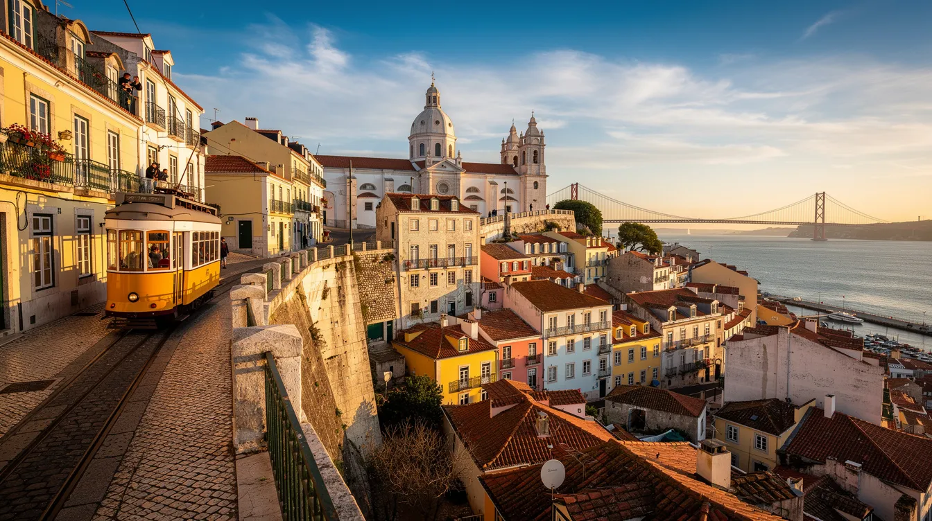 Imagem da cidade de Lisboa, Portugal, destacando a icônica Torre de Belém à beira do Rio Tejo, com suas colinas e azulejos típicos ao fundo. A cena reflete a rica história e cultura da capital, atraindo viajantes em busca de pontos turísticos como o Mosteiro dos Jerónimos e o Castelo de São Jorge.