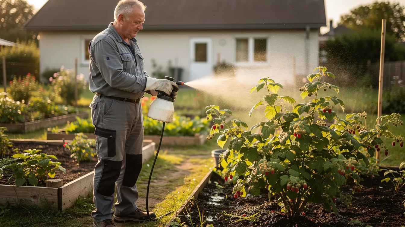 Ogrodnik opryskujący krzewy malin naturalnym preparatem