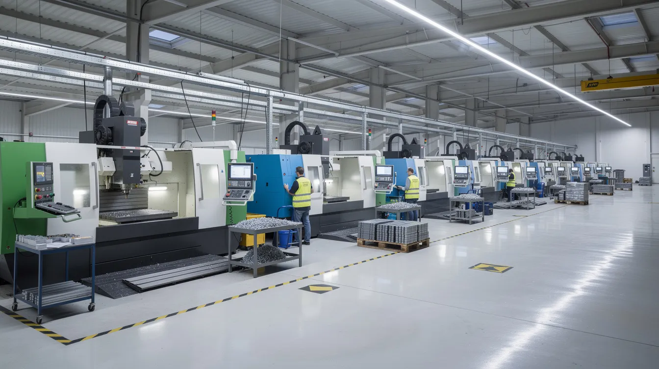 The image depicts a spacious and modern CNC machining factory floor, featuring rows of advanced CNC machines including milling machines and CNC routers, all illuminated by bright overhead lighting. This environment showcases the efficient and high-precision nature of contemporary manufacturing, highlighting the capabilities of CNC machining companies.
