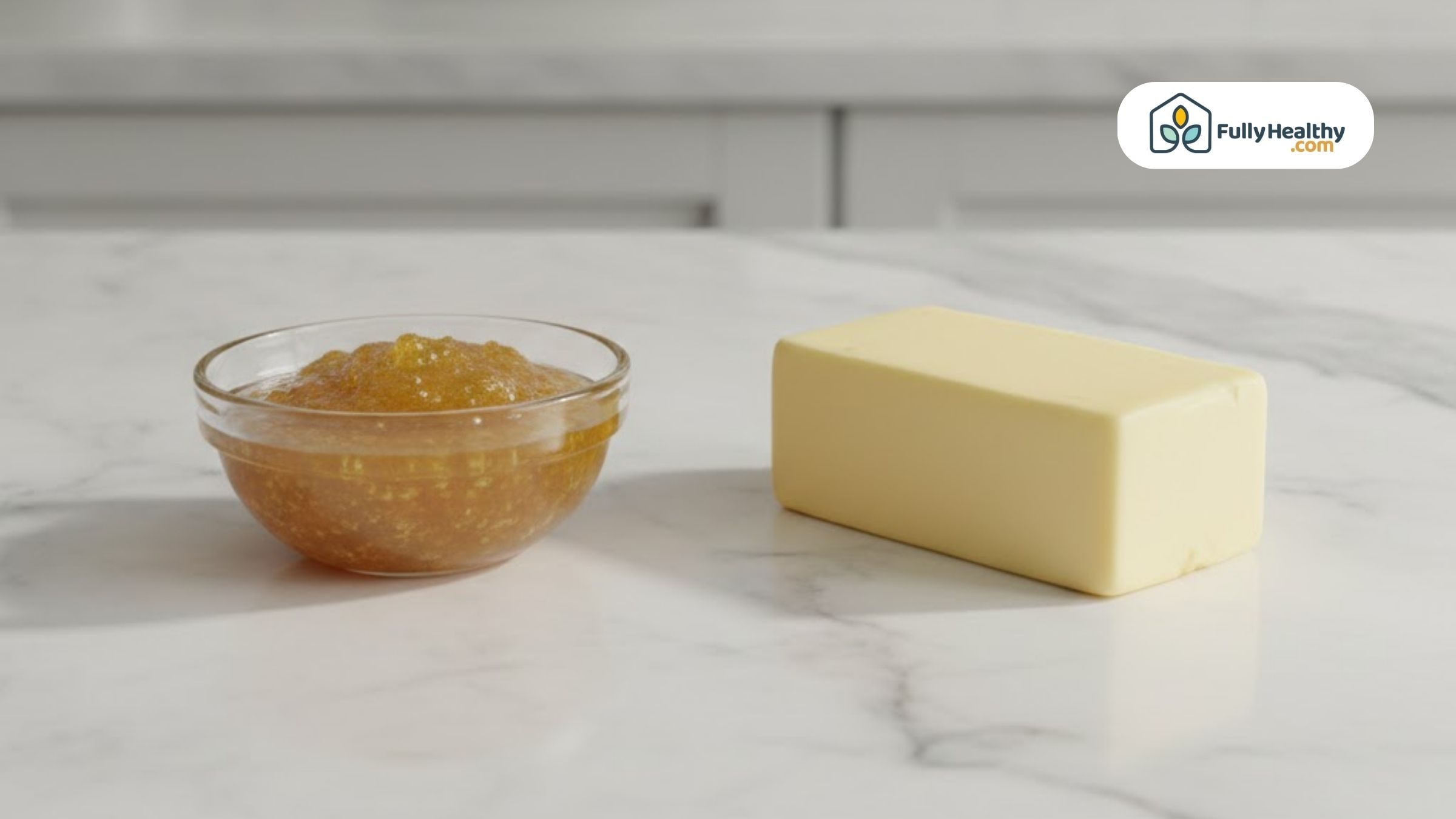 Glass bowl of golden ghee next to a block of butter on a marble countertop.