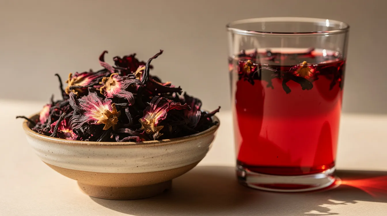 Suszony hibiskus i szklanka z intensywnie czerwonym naparem