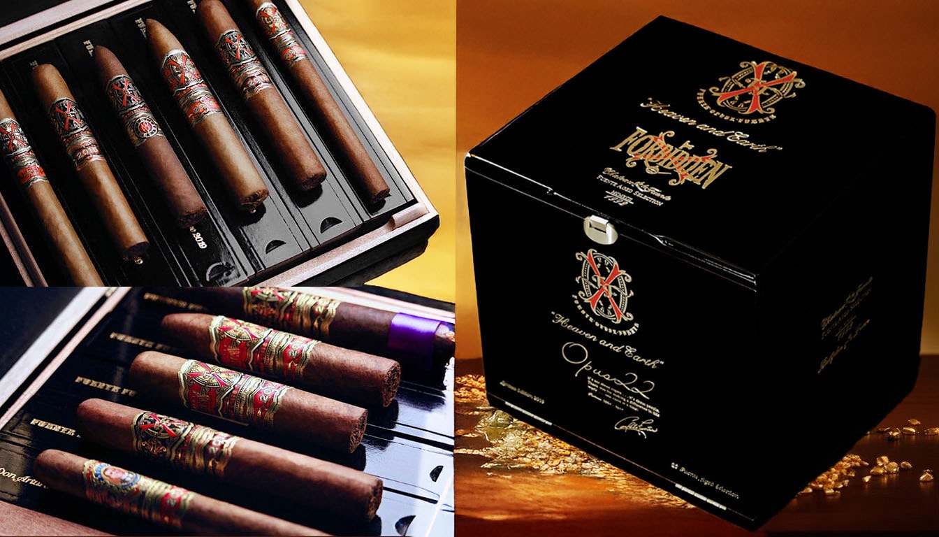 An assortment of Arturo Fuente Fuente Opus X 22 Prometheus cigars displayed elegantly.