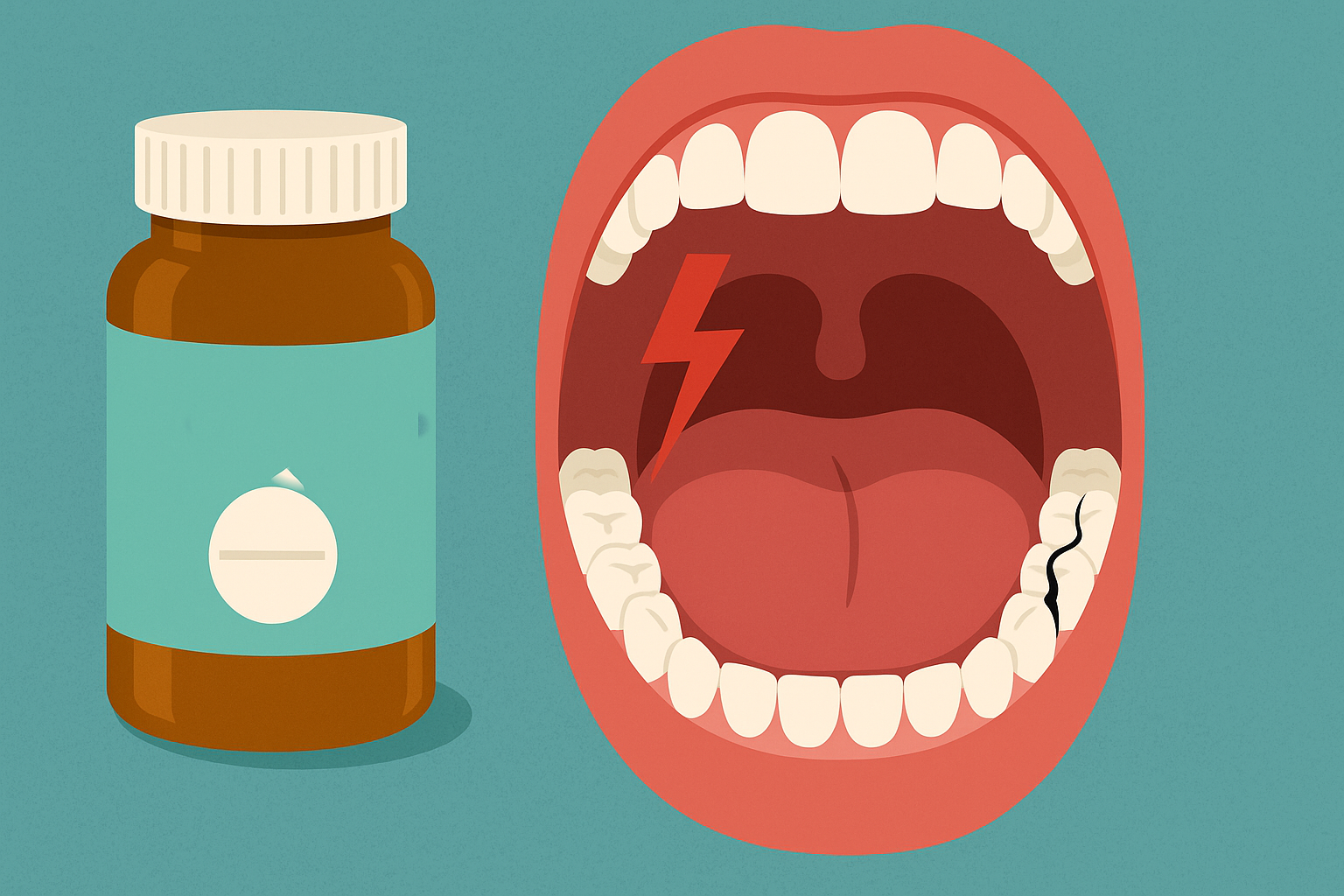 "Illustrasjon av smertestillende flaske ved siden av åpen munn med sprukket tann og smerteindikasjon."