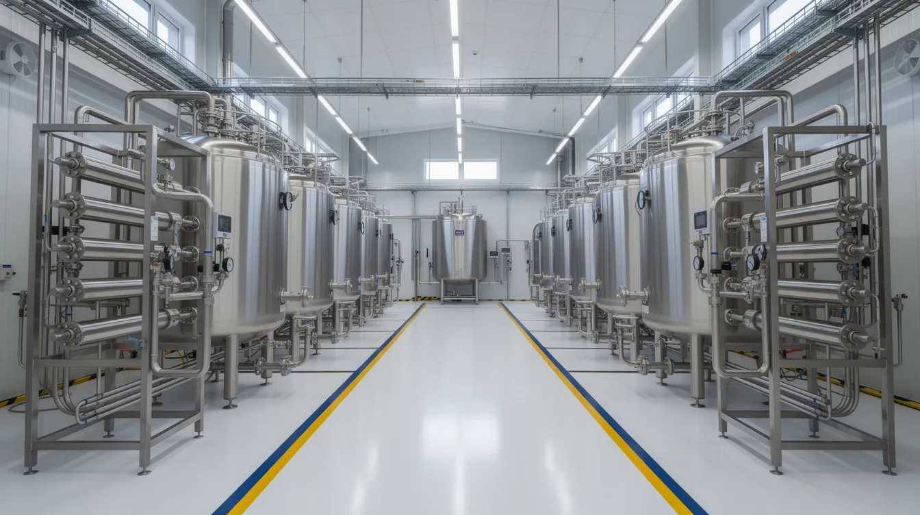 dad7bdbd 4095 4e13 9bbd 535405e15861 The image shows a modern dairy membrane processing facility featuring rows of large stainless steel tanks and intricate piping systems, essential for the production of milk protein concentrate and other dairy products. This advanced setup highlights the manufacturing process involved in creating high-quality protein concentrates, such as whey protein and milk protein isolate, for use in various nutritional applications within the food and beverage industry.