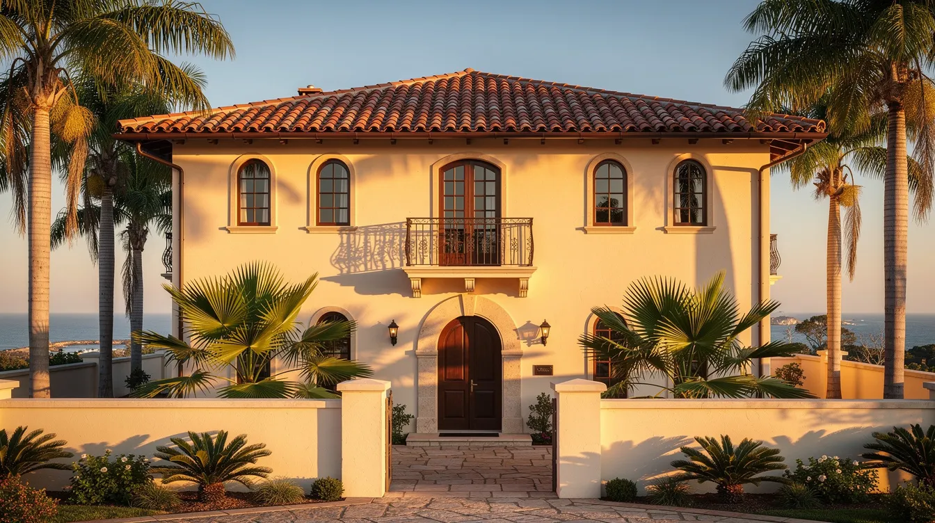The image depicts a charming Mediterranean-style villa featuring terracotta roof tiles, elegantly surrounded by lush palm trees, embodying the beauty of Spanish architecture. This serene setting invites visitors to experience the allure of Spain, a popular destination for many UK citizens looking to stay in Spain under various visa regulations.