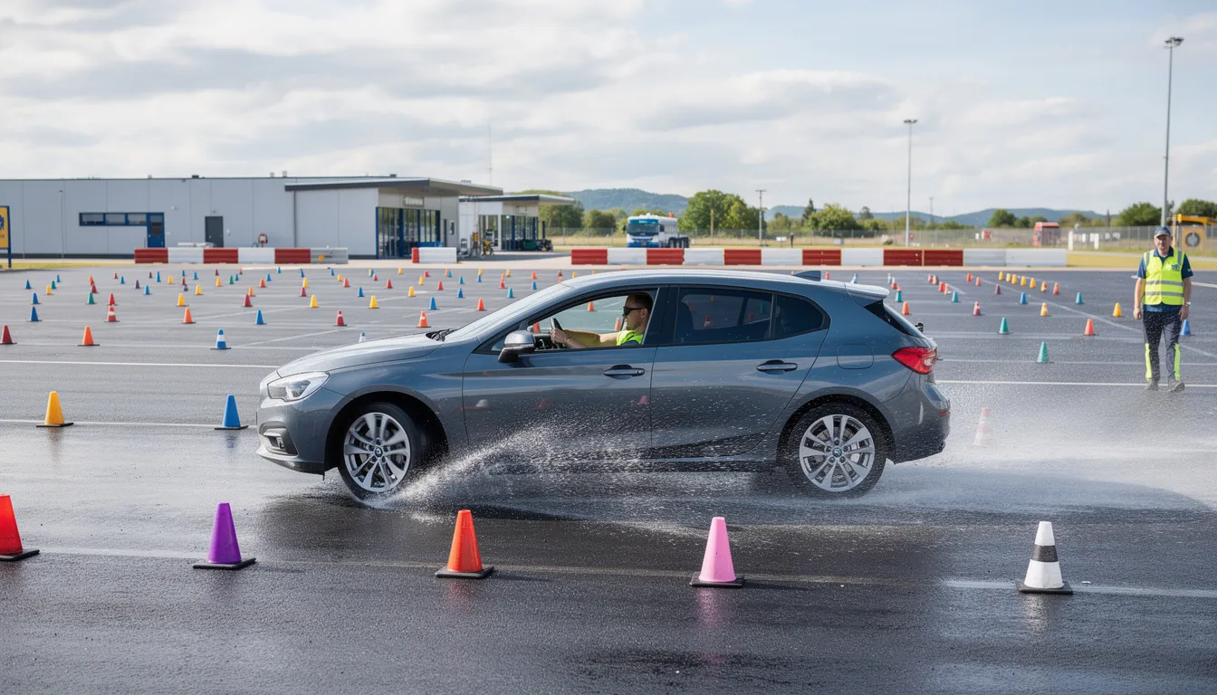 Ein Fahrer nimmt an einem Fahrsicherheitstraining auf einer Teststrecke teil, um seine Fahrkünste zu verbessern. Diese Erfahrung bietet nicht nur Fahrspaß, sondern ist auch eine großartige Geschenkidee für Autoliebhaber und Männer, die ihr Können hinter dem Lenkrad steigern möchten.