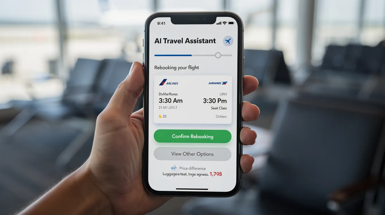 La imagen muestra la pantalla de un smartphone en la que aparece la interfaz de un asistente de viajes basado en IA, que está realizando activamente una nueva reserva de vuelo y mostrando opciones de confirmación. Esta herramienta basada en IA mejora la experiencia del cliente al agilizar el proceso de reserva y aumentar la satisfacción del cliente mediante interacciones fluidas.