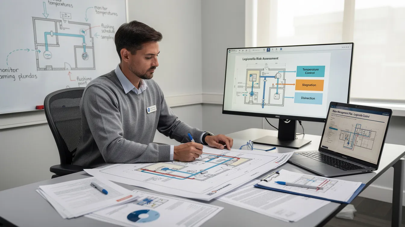 The image depicts a specialist diligently creating a comprehensive water management program aimed at controlling Legionella and other waterborne pathogens. The professional is focused on developing effective control measures and documentation to ensure safety in building water systems, particularly in facilities like hospitals.
