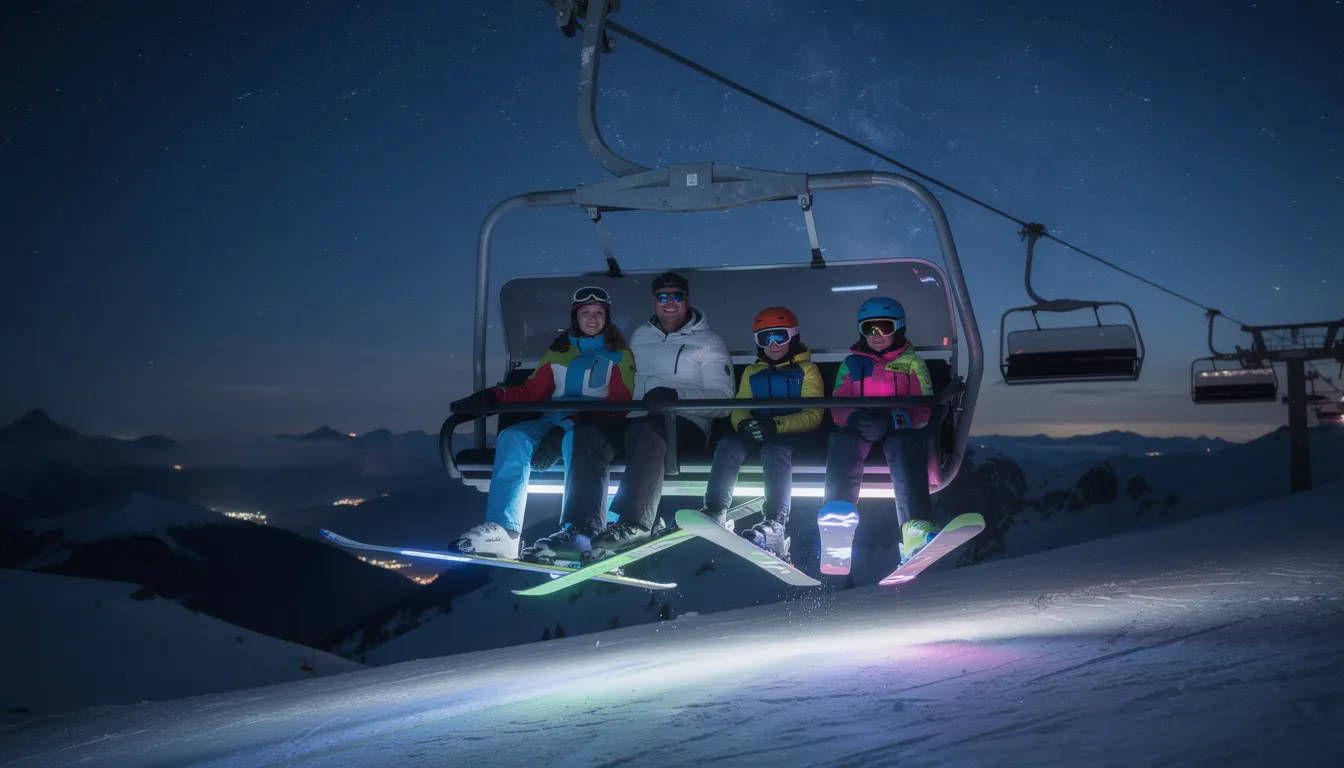 A family of skiers is joyfully riding an illuminated chairlift, showcasing their glowing ski equipment against a backdrop of a starry night sky. This scene captures the essence of night skiing at Brian Head Resort, where families can enjoy unlimited skiing and create lasting memories under the stars.