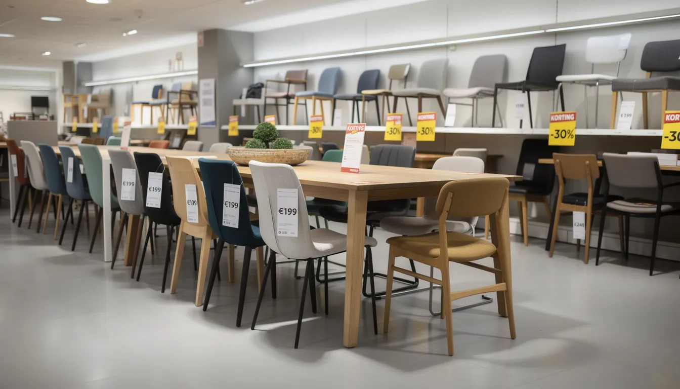 Een showroom vol met eetkamerstoelen, elk voorzien van prijskaartjes en kortingslabels, biedt een breed scala aan betaalbare eetkamerstoelen in verschillende stijlen en kleuren. Klanten kunnen hier de perfecte eetkamerstoelen en eettafelstoelen vinden die passen bij hun woonstijl en eetruimte.