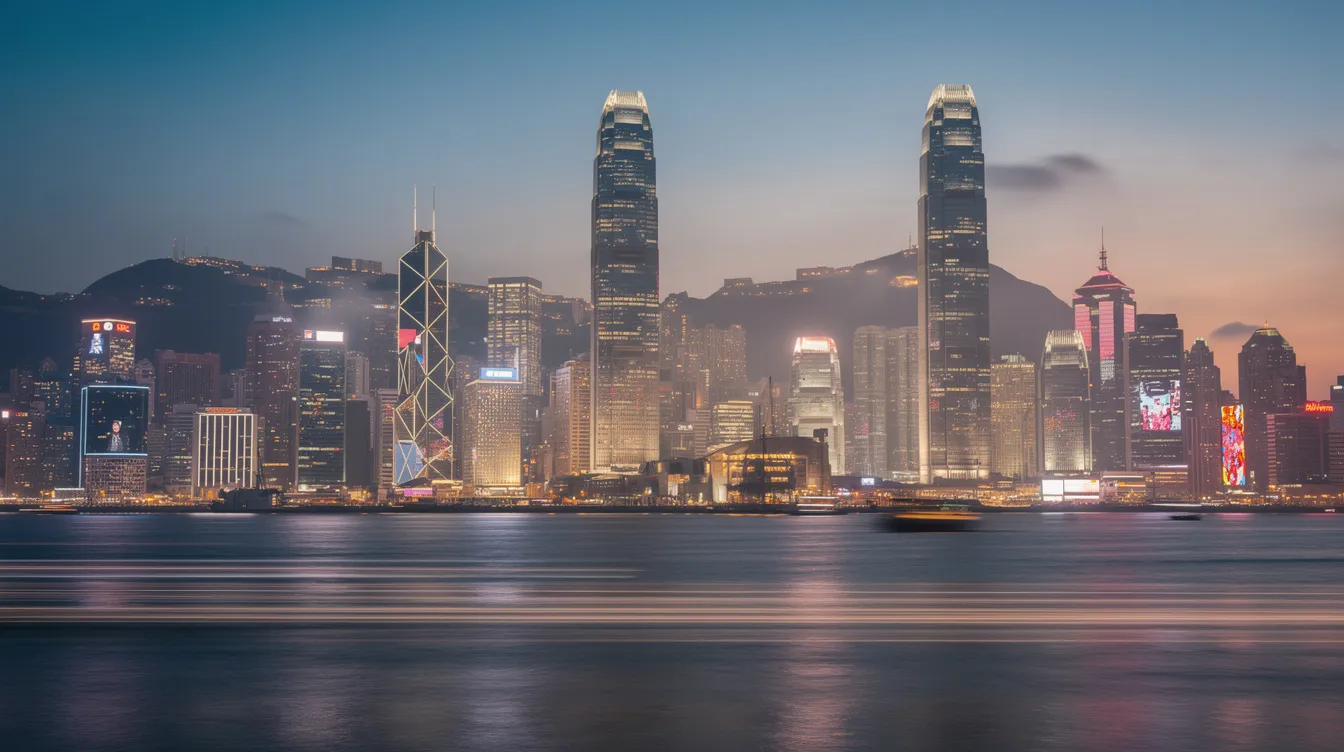 A panoramic view of Hong Kong's business district skyline at dusk, showcasing illuminated skyscrapers that reflect the vibrancy of the city. This scene highlights the financial hub where many 中小企業 seek 融資 and support through various 貸款計劃.