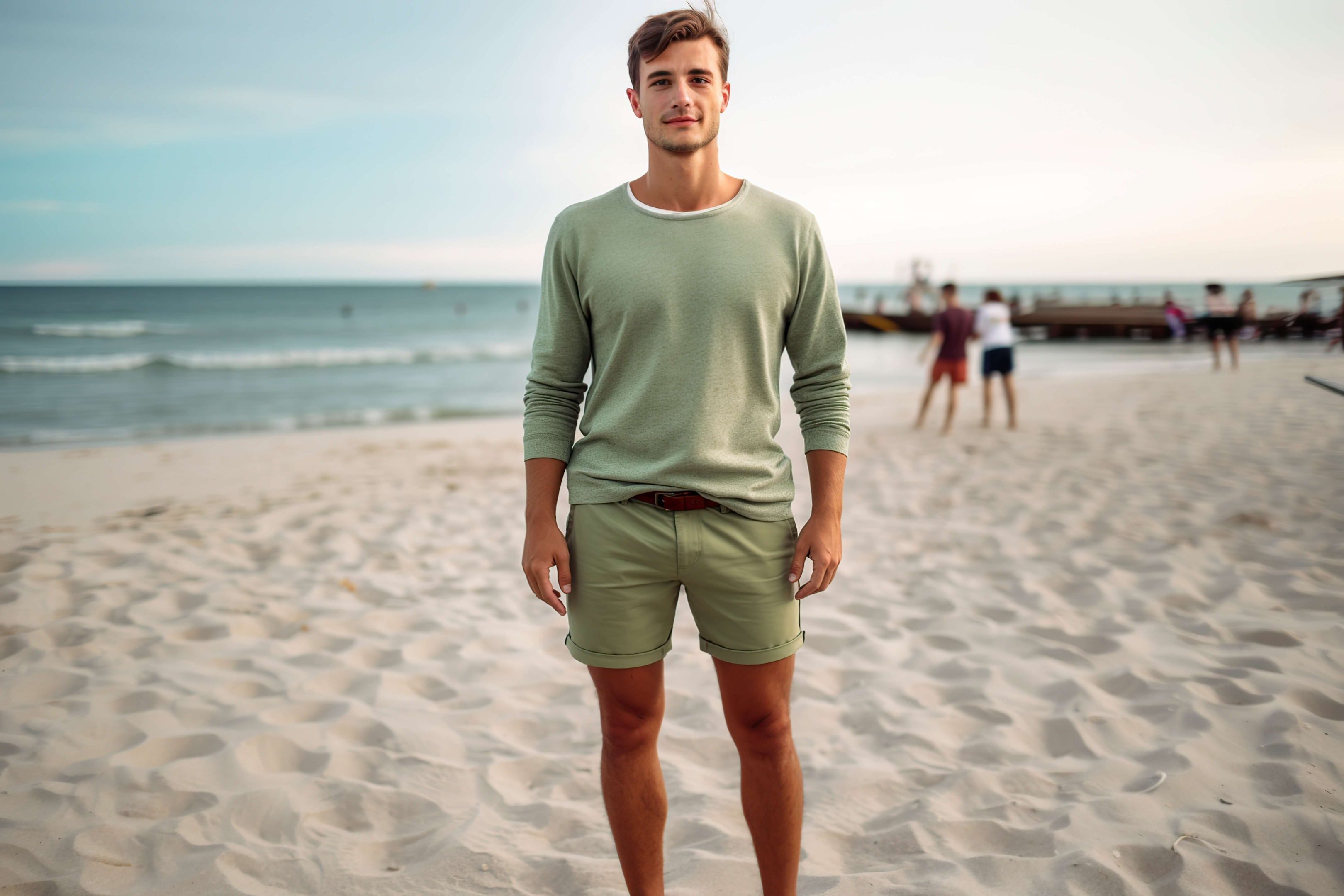 Man wearing khaki shorts on the beach.