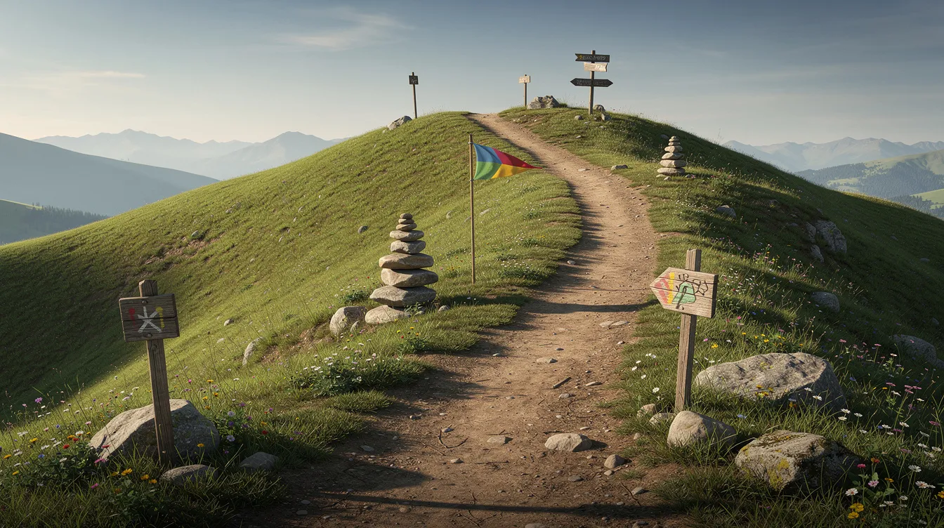 The image depicts a winding hiking trail meandering through lush green hills, with distinct markers along the path indicating various stages of the journey. This visual metaphor captures the essence of a well-defined digital marketing strategy, guiding potential customers through their own customer journey.