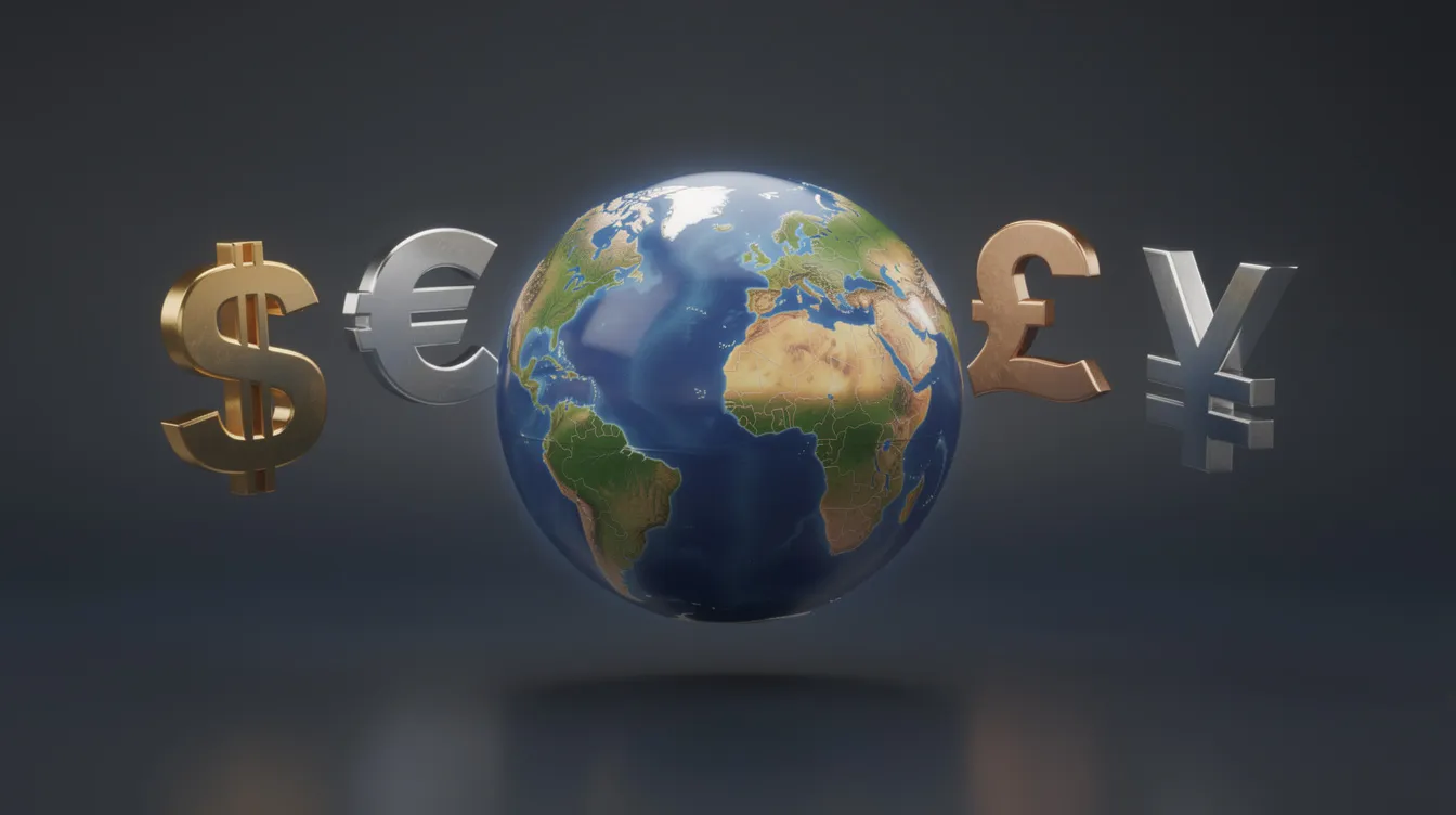 The image features a globe surrounded by various currency symbols, including the dollar, euro, pound, and yen, symbolizing international payments. This visual representation highlights the importance of diverse payment methods, such as WooCommerce payments and Stripe, for facilitating transactions across different currencies in a global marketplace.