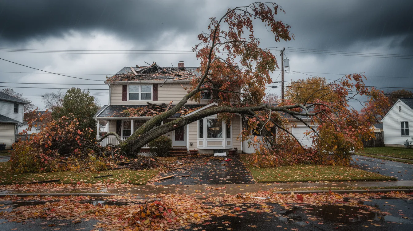 The image depicts a residential home with a large tree fallen across its roof, showcasing the impact of an autumn storm. Colorful leaves cover the ground, highlighting the seasonal setting, while the scene emphasizes the importance of homeowners insurance to cover storm damage and protect the home's structure.
