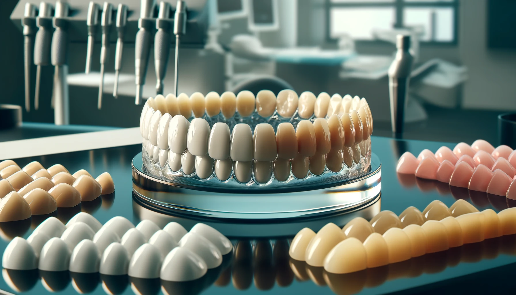 Nærbilde av ulike skallfasetter uten sliping, moderne tannlegekontor