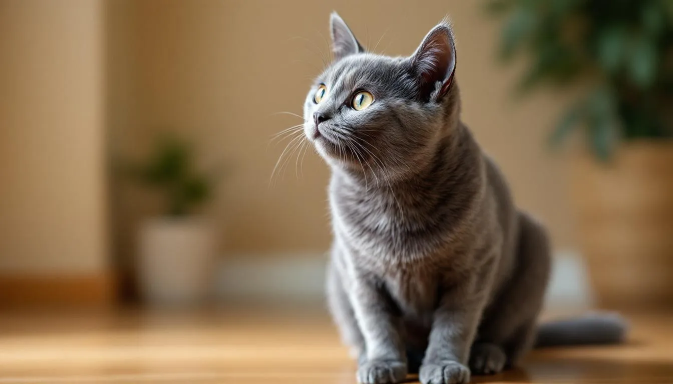Een grijze kat met gespitste oren staat alert in een huiselijke omgeving, waarbij ze goed hoort en reageert op geluiden om zich heen. Haar scherpe gehoor stelt haar in staat om zelfs de hoogste tonen en zachte geluiden te waarnemen, waardoor ze klaar is om te jagen op eventuele prooi.