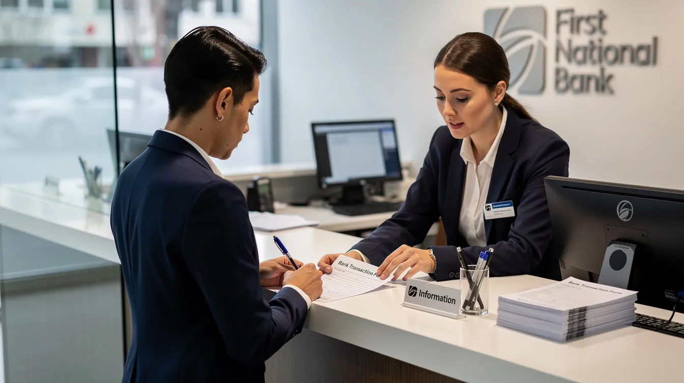 A person is at a bank counter, diligently filling out a form while a teller provides assistance. This scene highlights the process of international money transfer, where customers can manage their bank accounts and send money abroad.