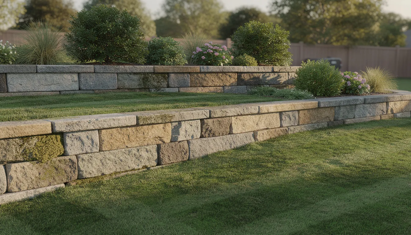 The image showcases a tiered natural stone retaining wall in a sloped backyard, surrounded by lush green grass and mature shrubs, creating an inviting outdoor space. The wall effectively retains soil while adding a natural look to the landscape, enhancing the overall aesthetic of the yard.