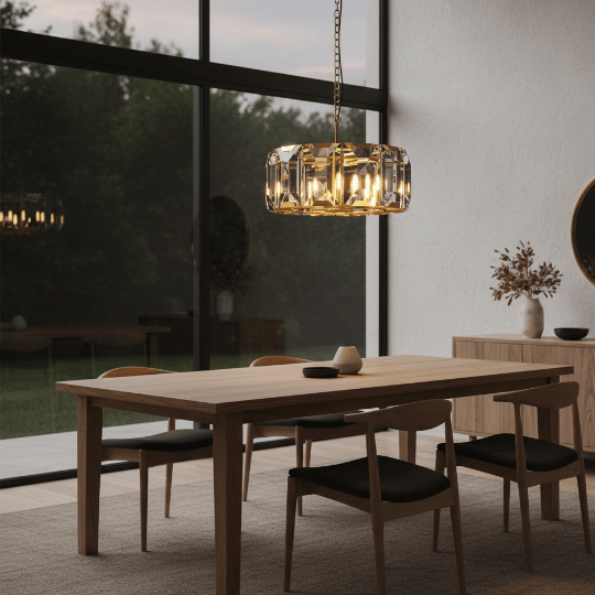 Rectangular crystal pendant chandelier hanging above a wooden dining table, casting warm ambient light in a modern dining room.