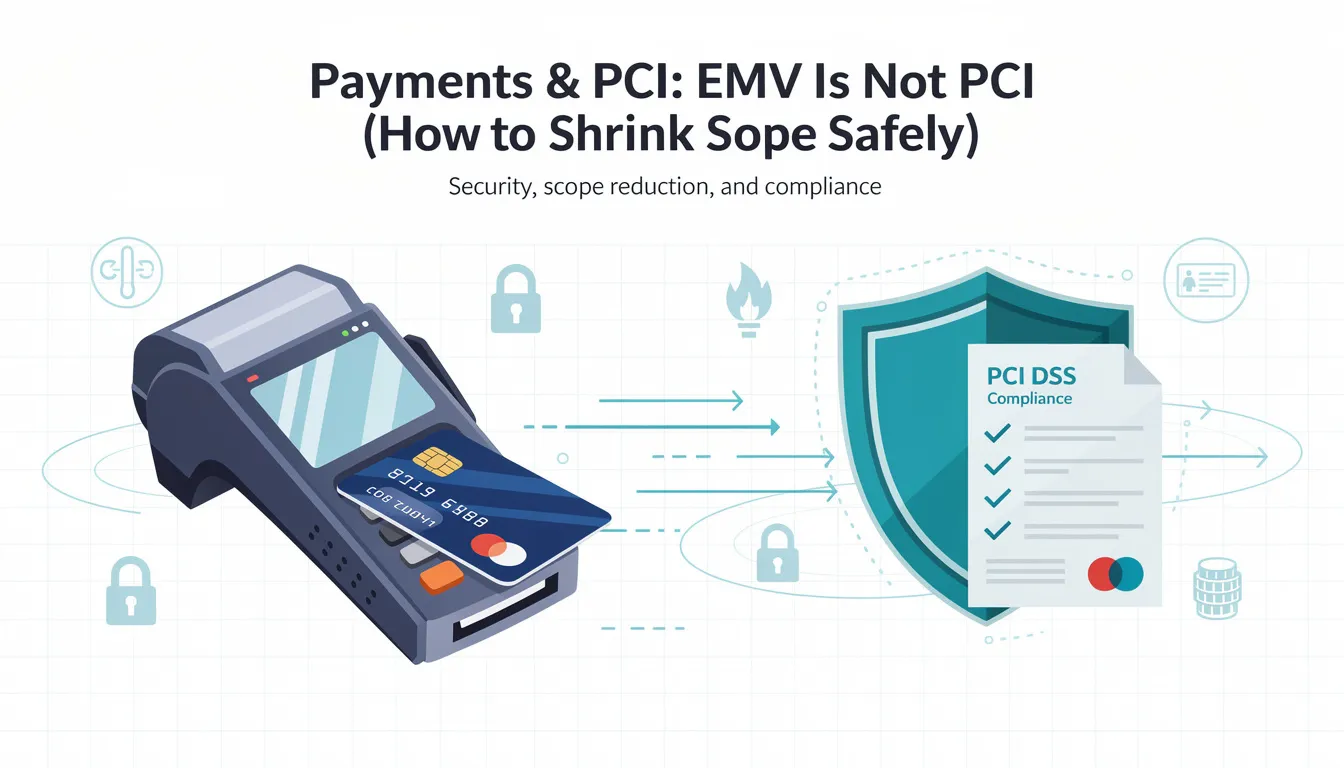 The image illustrates a modern point of sale (POS) system setup, featuring a cash register, a barcode scanner, and a receipt printer, which are essential for processing payments in retail environments. It emphasizes the importance of secure payment processing and managing customer data while streamlining business operations across multiple locations.