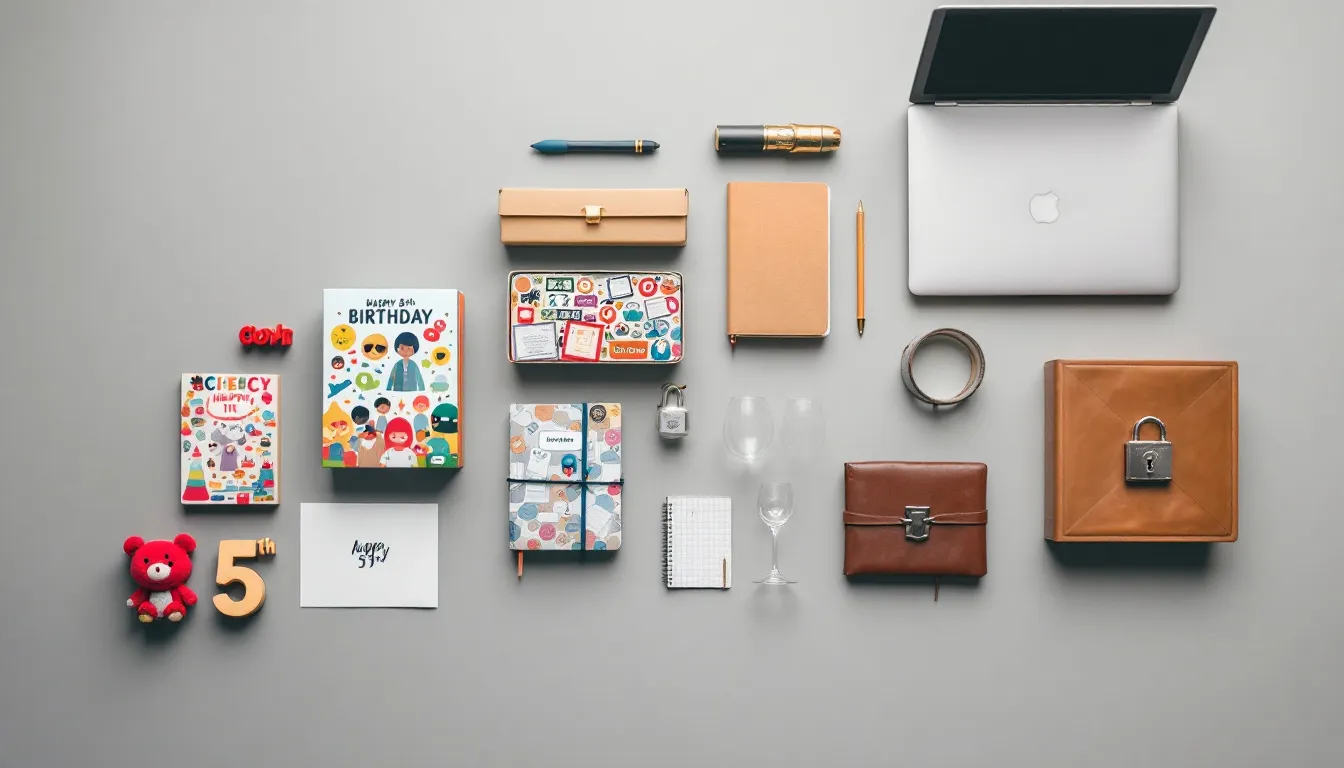 Een kleurrijke verzameling van cadeaus, variërend van speelgoed voor kinderen tot stijlvolle gadgets voor volwassenen, gepresenteerd in verschillende leeftijdsgroepen. Deze originele cadeaus zijn perfect voor elke gelegenheid, of het nu gaat om een verjaardag of gewoon om iemand te verrassen.