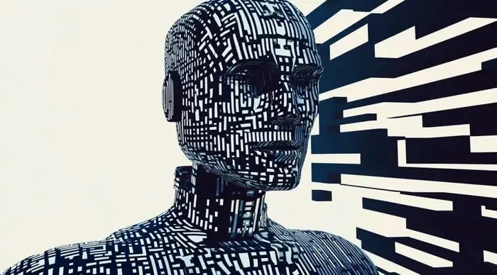 A digitized human bust composed of black and white geometric rectangular patterns, resembling pixelated data or binary code