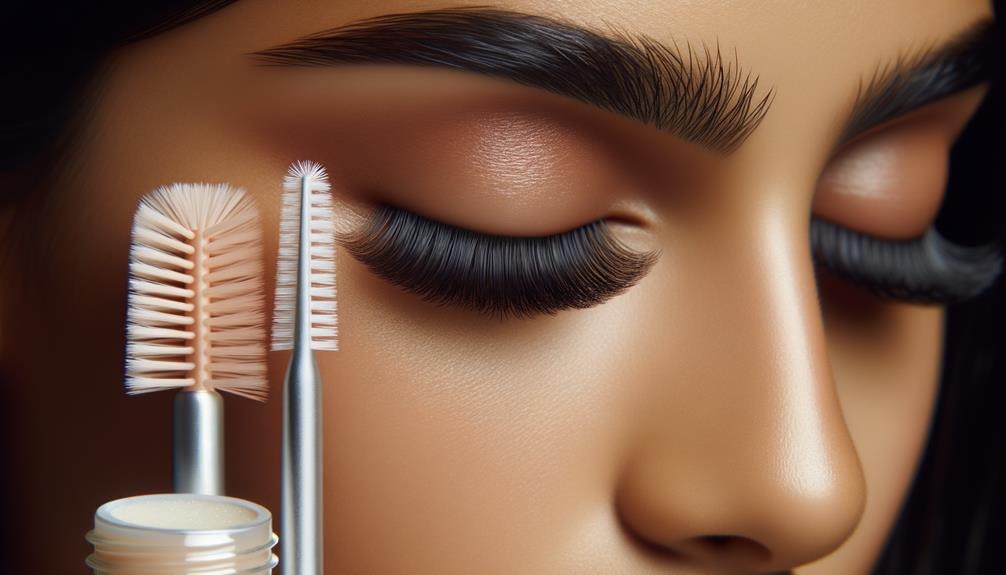 Close-up image of a woman's healthy, strong eyelashes, subtly showcasing an eyelash brush and natural eyelash care products in a soft background.