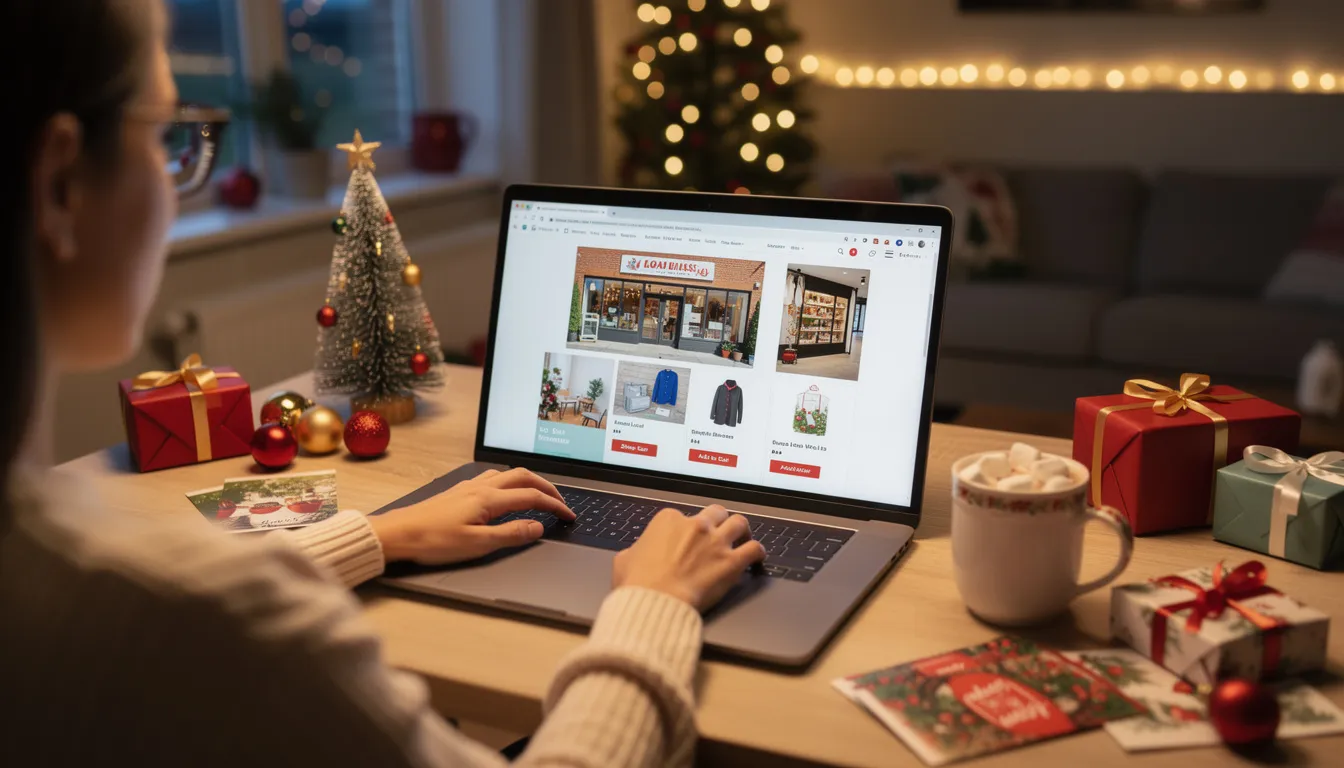 A person is shopping online amidst festive holiday decorations, with various local business websites visible on their screen, highlighting the community spirit of Collier County during the holiday season. The scene reflects the excitement of online shopping as December approaches, emphasizing the importance of supporting local businesses in Naples and Marco Island.