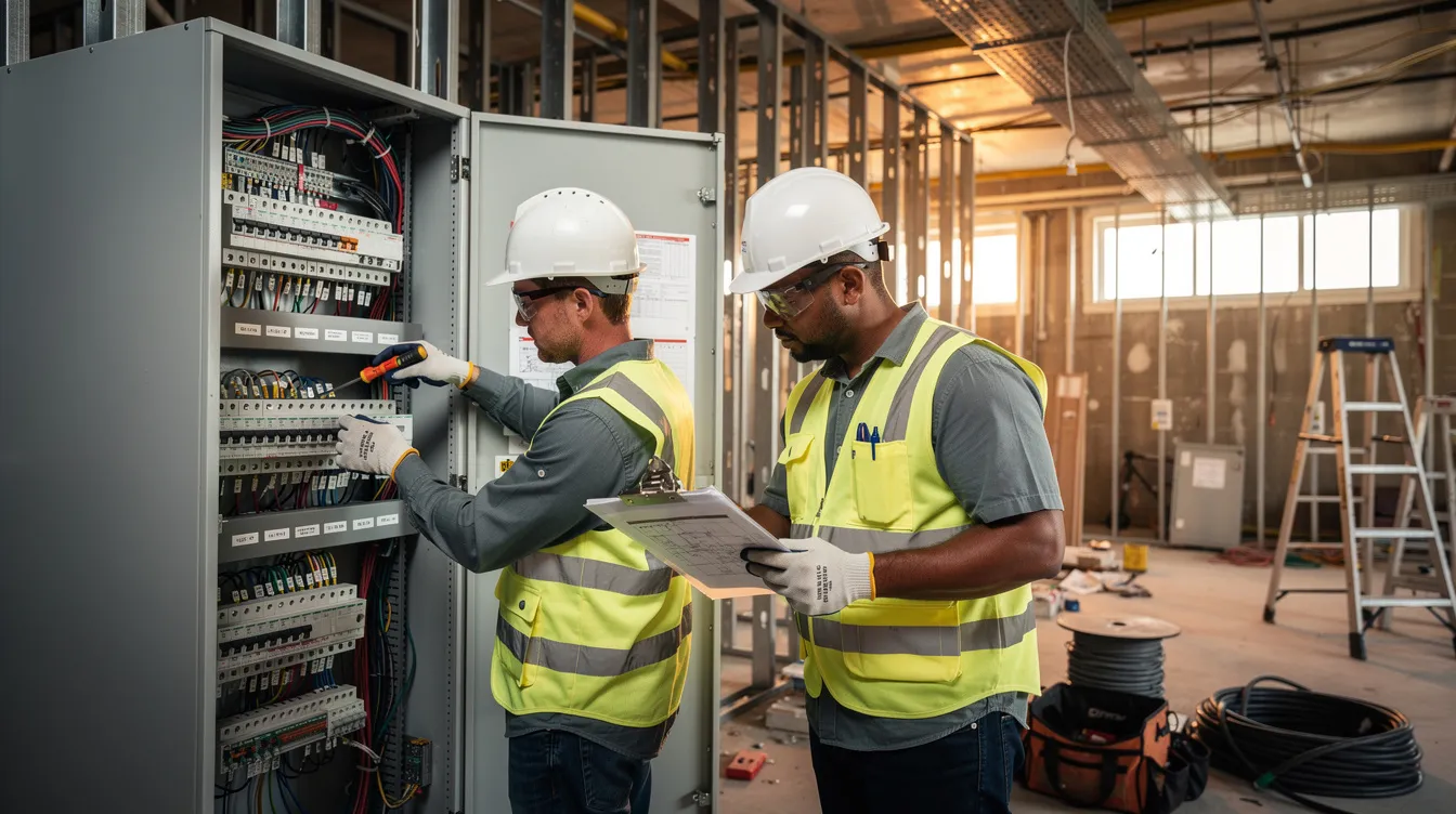 An apprentice electrician is working diligently on a commercial electrical panel, guided by a journeyperson mentor at a job site, exemplifying the hands-on work and training essential in the electrical trades. This scene highlights the importance of skilled tradespeople in today's workforce, addressing the high demand for skilled trade jobs and the future career paths available in the industry.