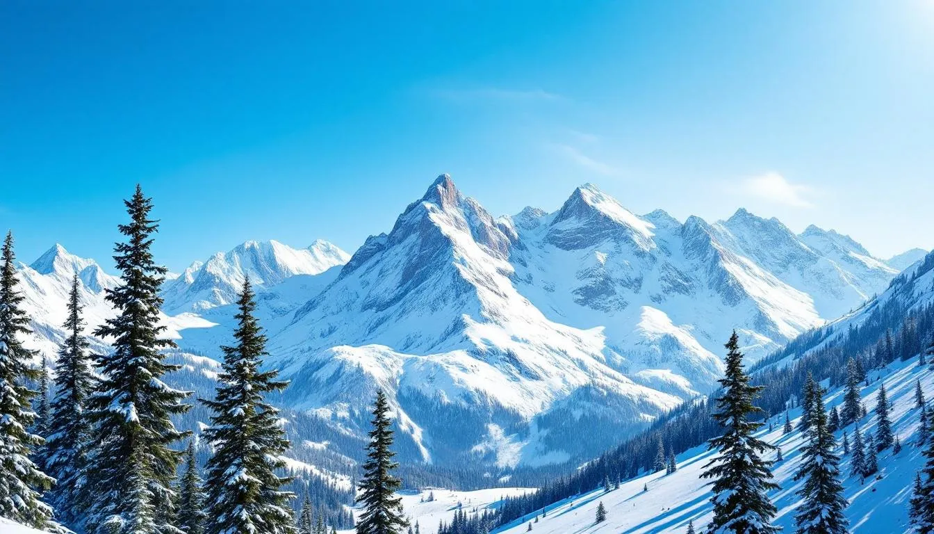The image features majestic snow-covered mountain peaks under a clear blue sky, with sunlight illuminating the evergreen trees below, creating a serene winter landscape typical of Brian Head, Utah. This picturesque scene captures the essence of winter recreation in the highest resort town, surrounded by the natural beauty of Dixie National Forest and Cedar Breaks National Monument.