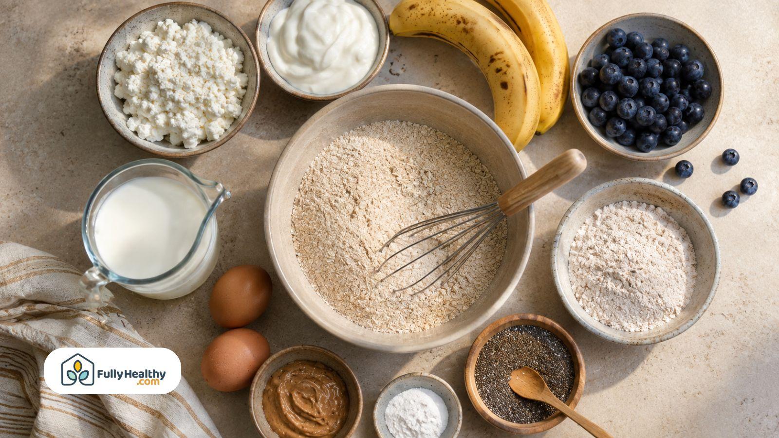 Healthy pancake ingredients with oats yogurt bananas blueberries eggs and chia seeds