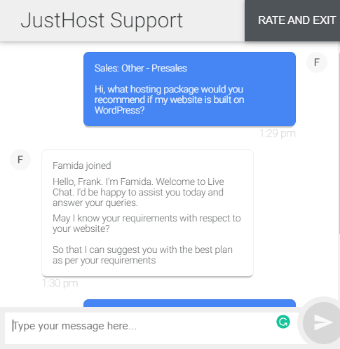 JustHost technical support response