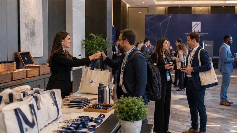 Corporate event registration table where attendees receive branded tote bags, with notebooks, tumblers, pens, and lanyards on display