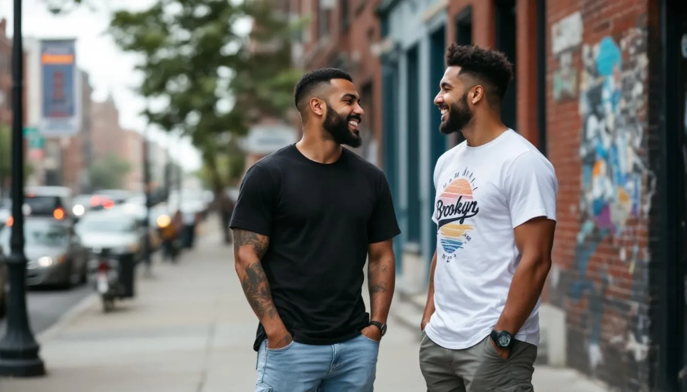 In this vibrant summer scene, a Latino gay couple stands together in Williamsburg, Brooklyn, showcasing their love and connection. The background features the iconic architecture of the neighborhood, highlighting the beauty of same-sex relationships and the joy of being part of the gay community.