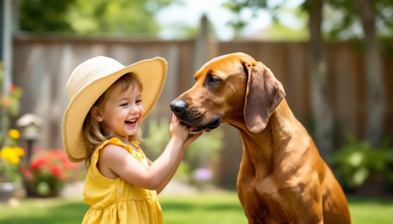 A Rhodesian Ridgeback, known for its athleticism and distinctive ridge of hair along its back, is playfully interacting with an older child in a spacious backyard, showcasing the breed's friendly and energetic nature. The scene captures the joyful bond between the active dog and the child, highlighting the importance of socialization and play in the lives of both pets and their owners.