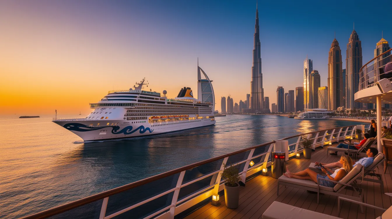 A imagem mostra um cruzeiro luxuoso navegando pelas águas do Golfo Pérsico, com a impressionante skyline de Dubai ao fundo, destacando os modernos arranha-céus da cidade. Este destino turístico nos Emirados Árabes Unidos é perfeito para famílias que buscam uma experiência de viagem inesquecível, combinando cultura árabe e estilo de vida contemporâneo.