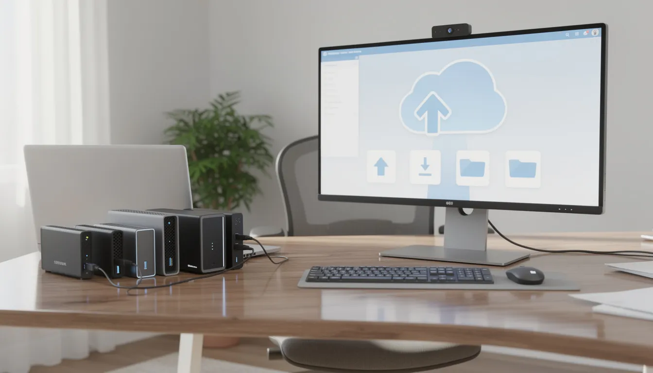 The image depicts an office workspace featuring a computer monitor displaying icons for external backup drives and cloud storage, symbolizing various data recovery services. This setup emphasizes the importance of safeguarding critical data and the various options available for recovering lost data.