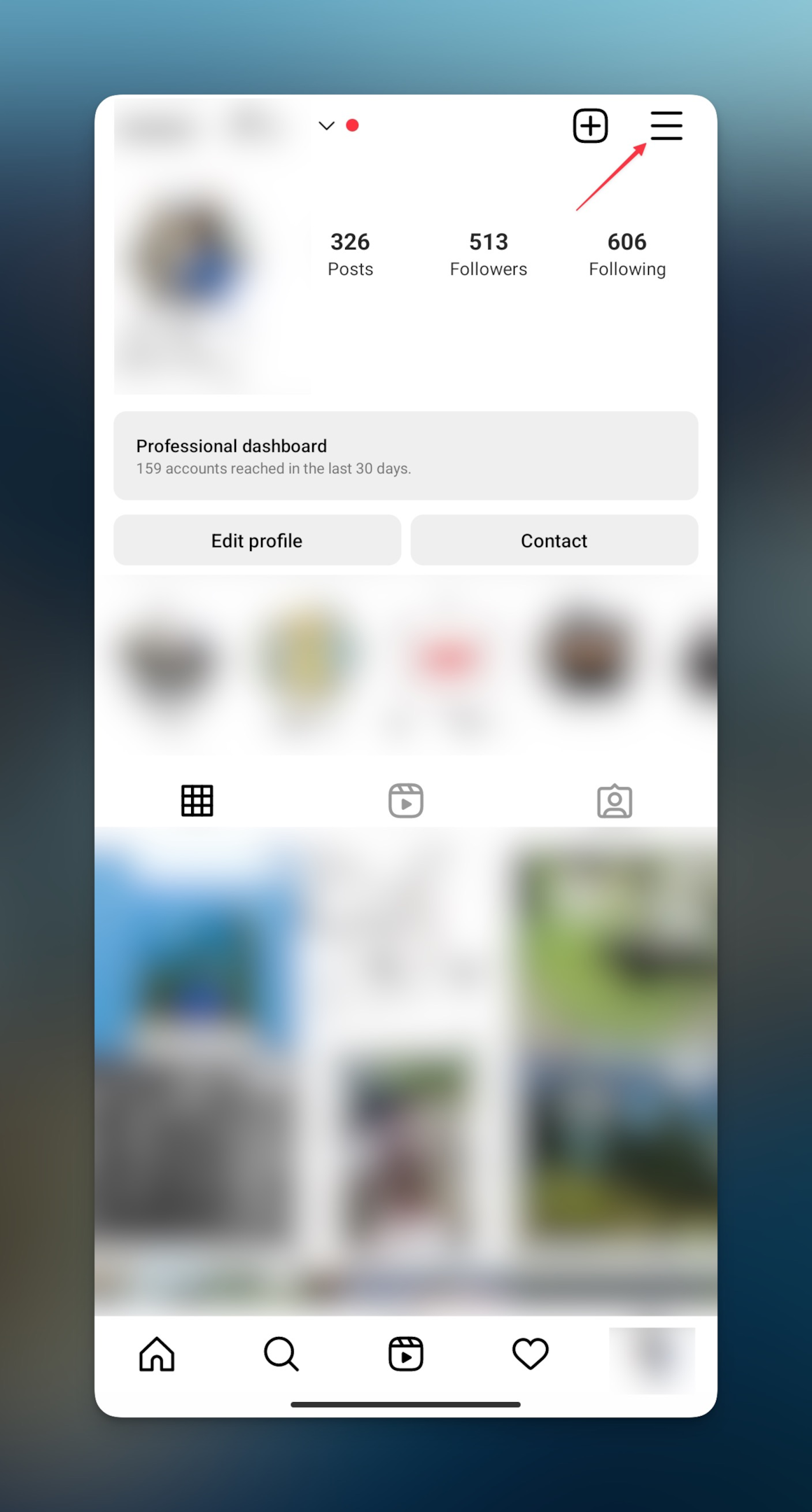 Remote.tools shows to tap on hamburger menu on your Instagram profile to discover people on android app