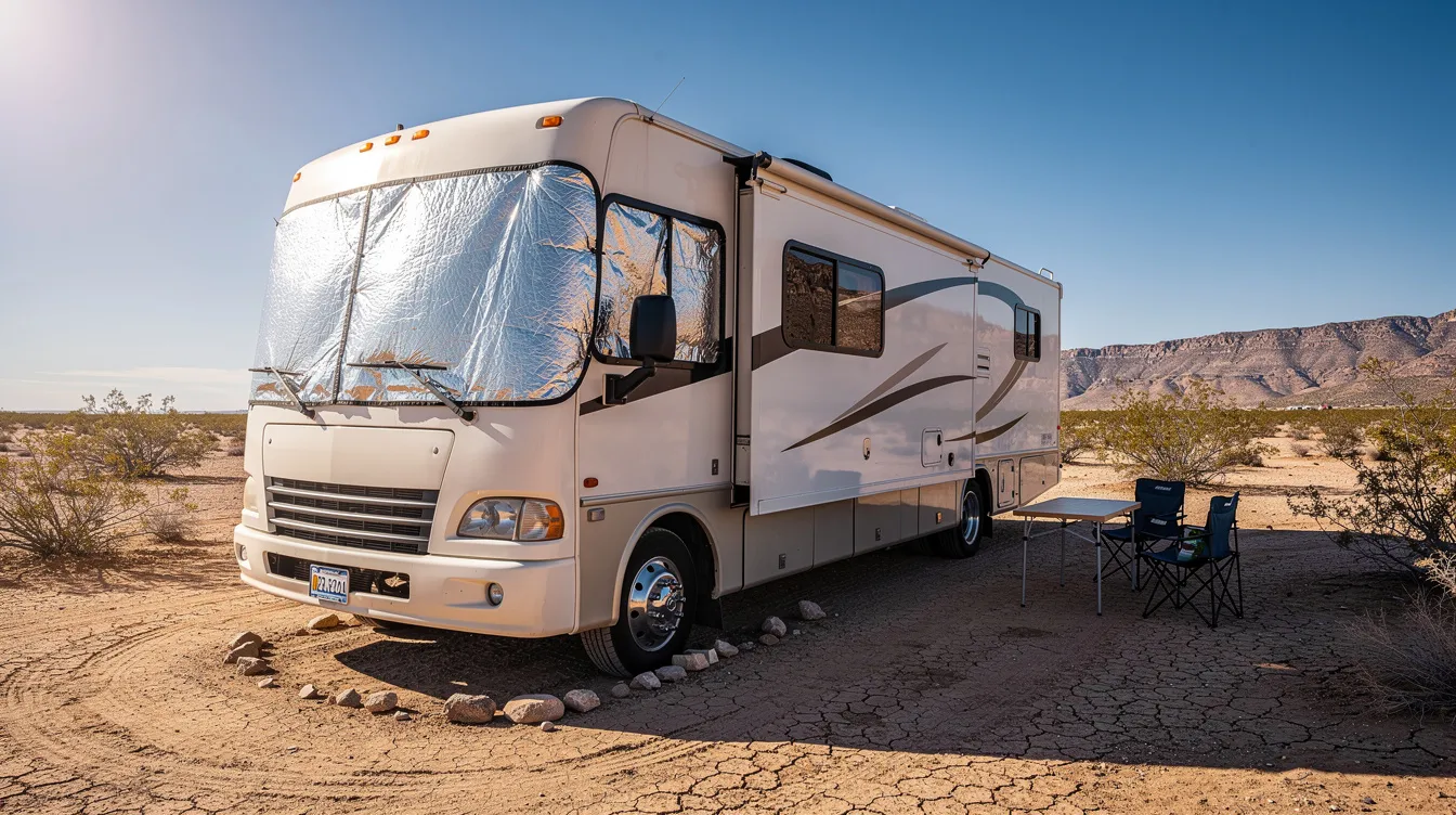 An RV motorhome is parked at a desert campsite, equipped with reflective sun shades on the windshield to combat the heat of a hot summer day. The scene highlights the importance of maintaining the RV's air conditioning system, ensuring efficient airflow and cool air, especially in high temperatures.