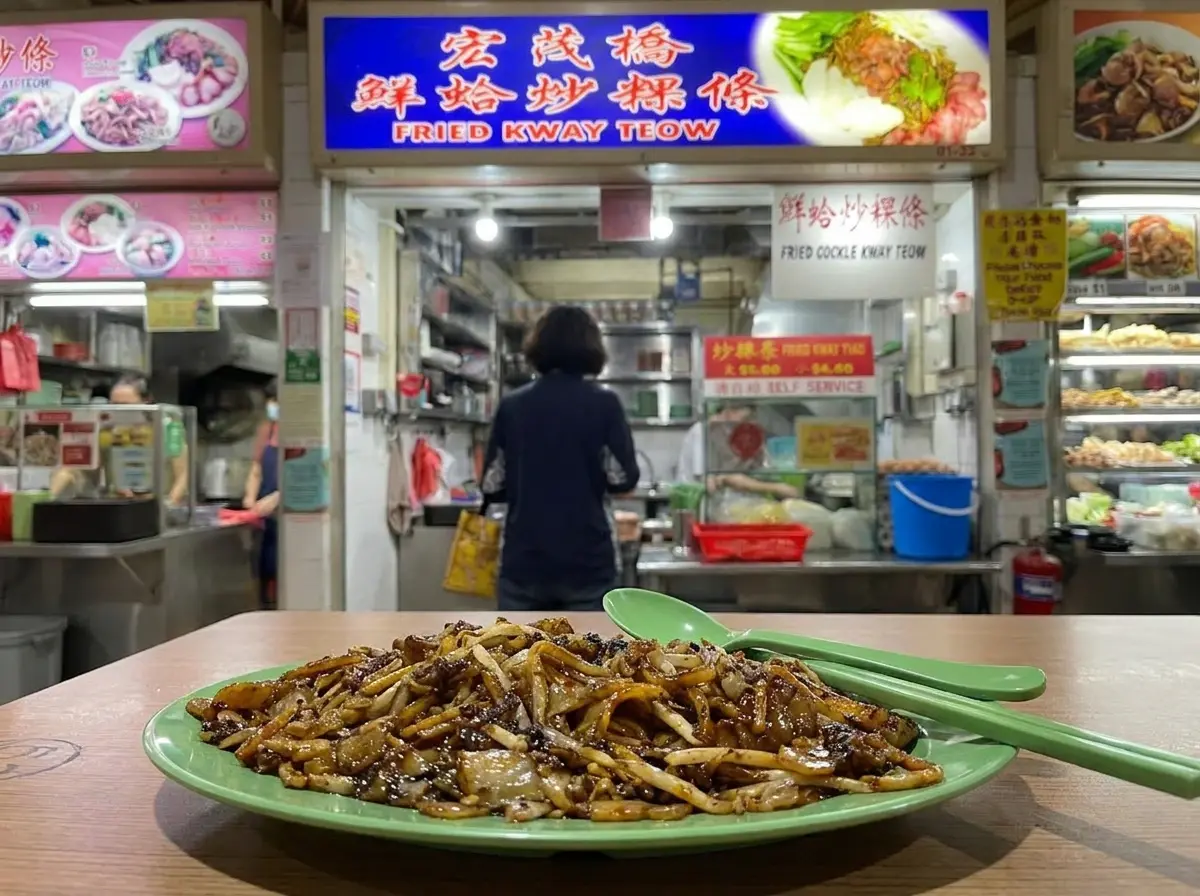 "A green plate of stir-fried Char Kway Teow with a green spoon and chopsticks on a wooden table, in front of a blue-signboard hawker stall labeled 'Fried Kway Teow'."