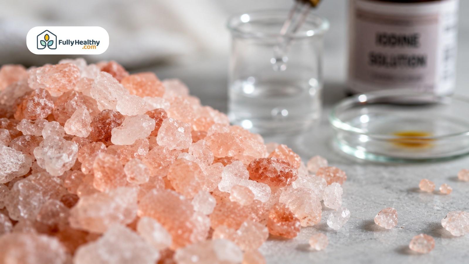 Macro pink salt crystals beside blurred iodine testing drops and solution