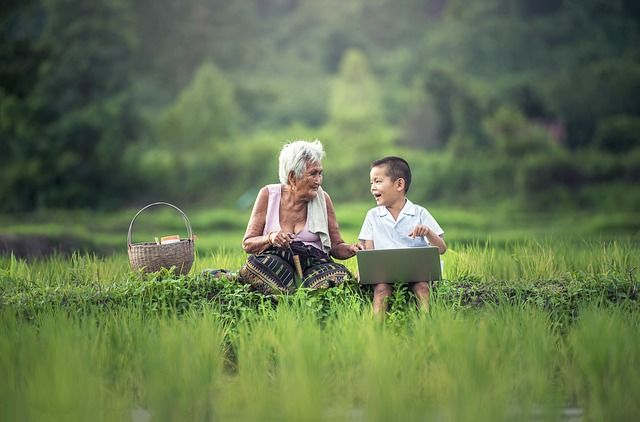 grandmother, kid, laptop