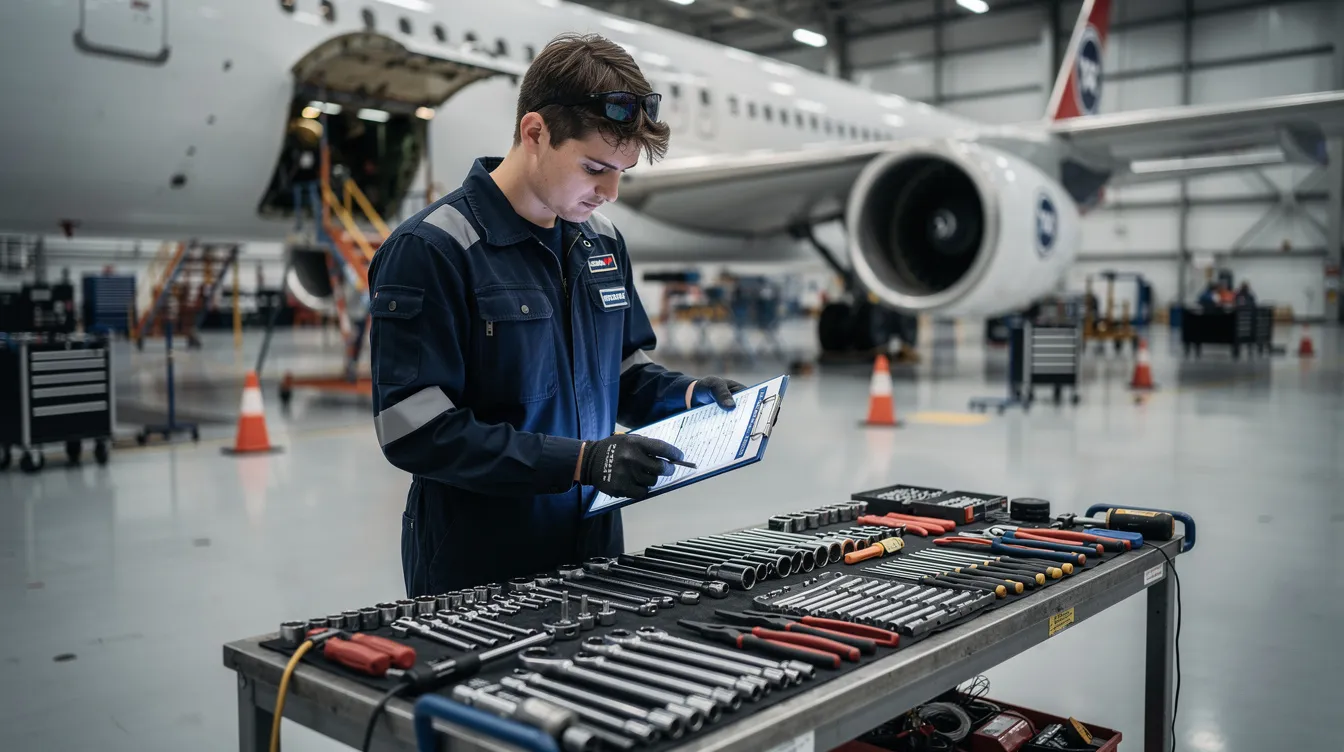 A young aircraft maintenance apprentice is reviewing various tools in a hangar, preparing for hands-on training as part of an aviation maintenance technician apprenticeship program. The image captures the apprentice's focus on the equipment essential for their future career in aircraft maintenance.