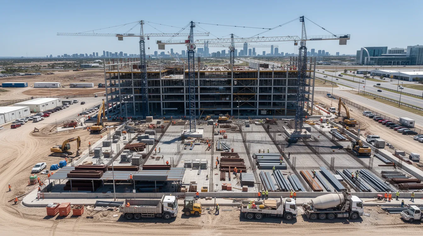 An aerial view of a bustling commercial construction site showcases cranes and active crews engaged in various tasks, highlighting the dynamic nature of the construction industry. This scene reflects the importance of project management and workforce efficiency as construction managers oversee the progress of multiple projects while utilizing digital construction solutions for real-time visibility and effective resource allocation.