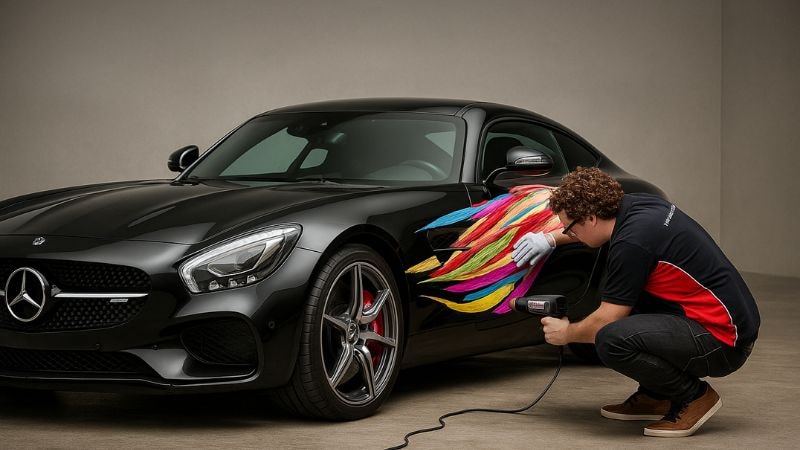 A man is partially wrapping a design on Mercedes quickly and easily