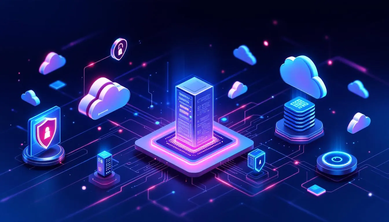 Une illustration montrant des équipements informatiques modernes et des solutions de cybersécurité.