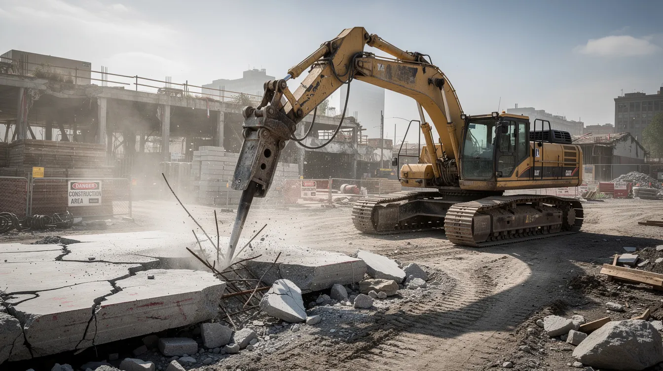 An excavator is actively using a hydraulic hammer attachment to break through a thick concrete slab at a construction site, showcasing the power and efficiency of hydraulic breakers in demolition tasks. The machine’s hydraulic hoses are visibly connected, indicating the system's engineered design for durability and effective operations.