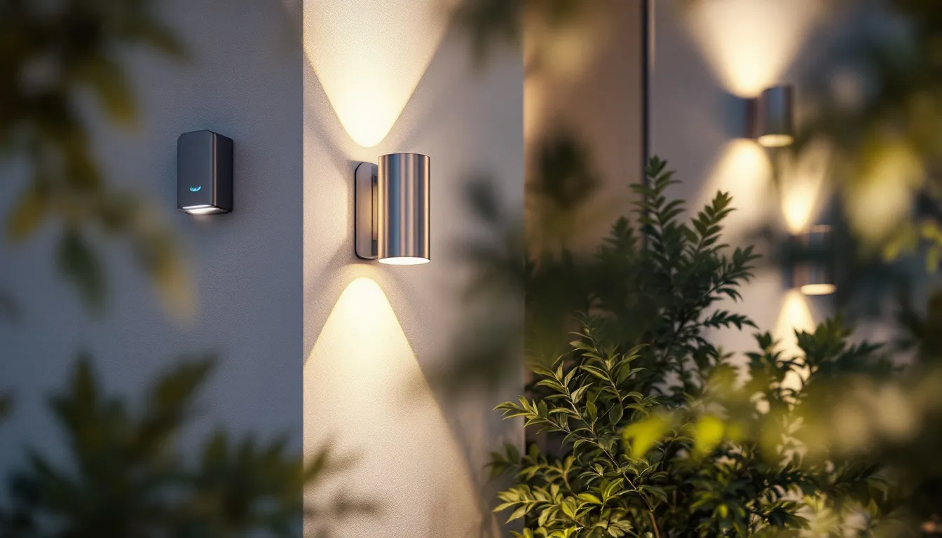 An advanced outdoor lighting system with smart features, showcasing motion sensors and solar powered lights.